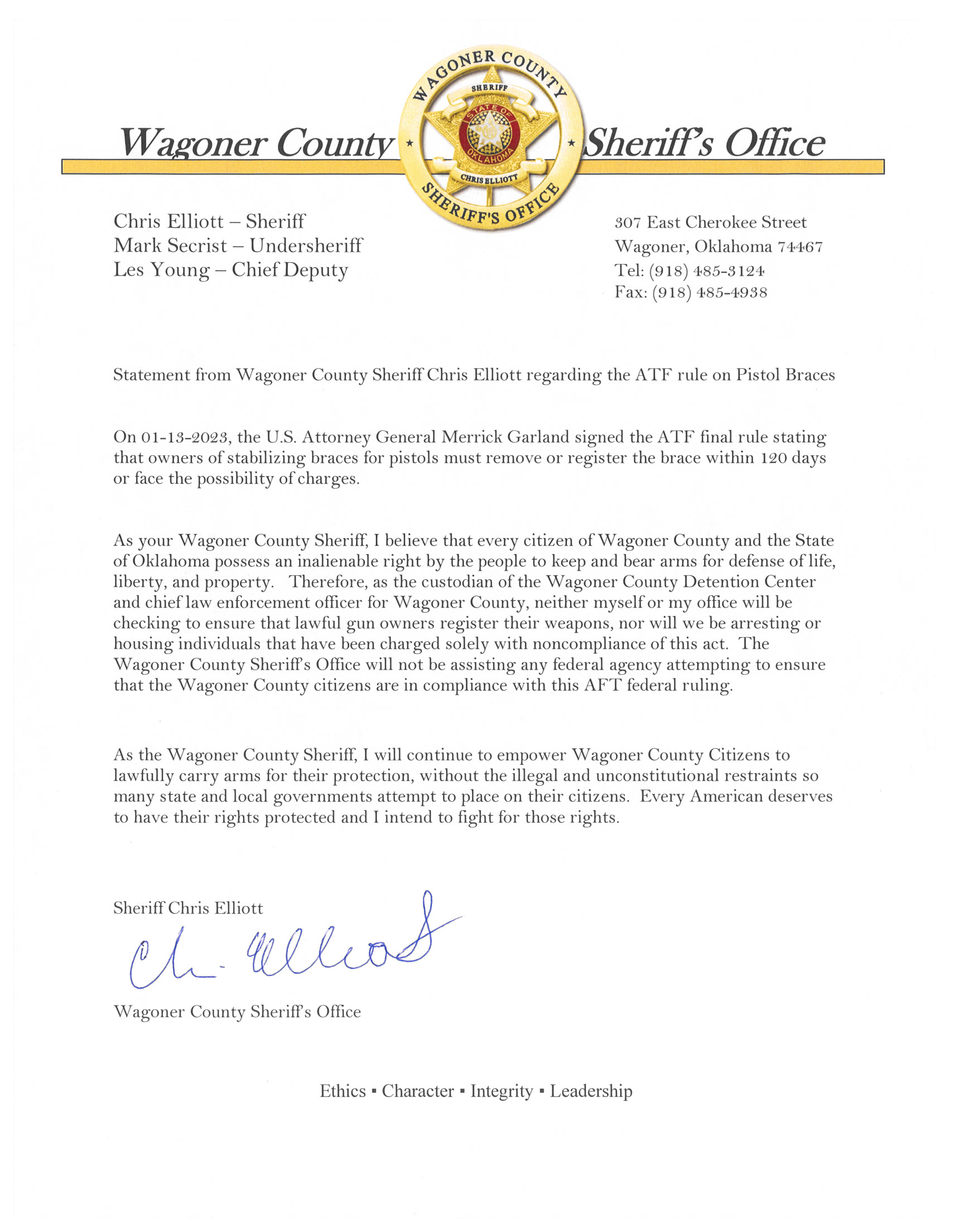 Statement from Wagoner County Sheriff Chris Elliott regarding the ATF rule on Pistol Braces